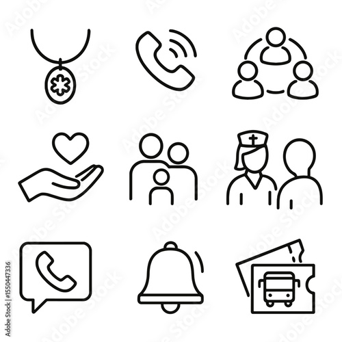 Support Network Icons. Line style icons of Support Network: medical alert necklace, community hotline phone, support group icon,