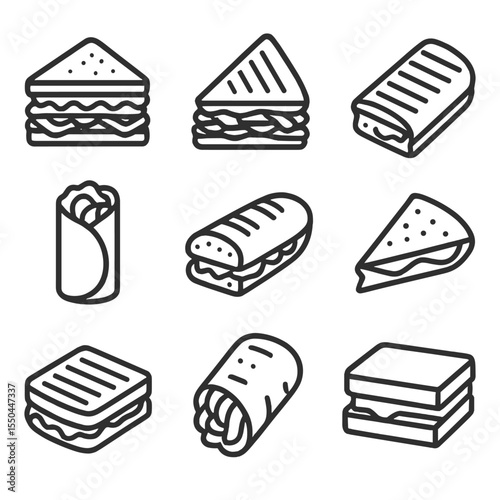 Sandwich Icons Collection. Line style icons of Sandwich Varieties: club sandwich, BLT slice, panini half, wrap roll, baguette bite