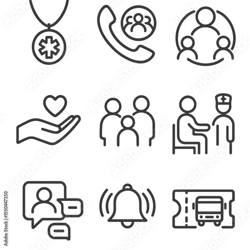 Support Network Icons. Line style icons of Support Network: medical alert necklace, community hotline phone, support group icon,