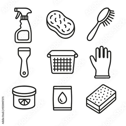Kitchen Degreaser Kit Icons. Line style icons of Kitchen Degreaser Kit: degreaser spray, steel wool pad, sink brush, countertop
