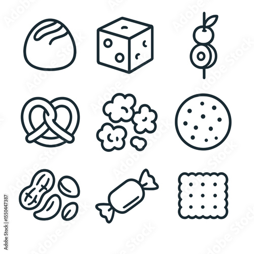 Snack Icons Collection. Line style icons of Sweet and Savory Duo: chocolate truffle, cheese cube, fruit skewer, pretzel twist,