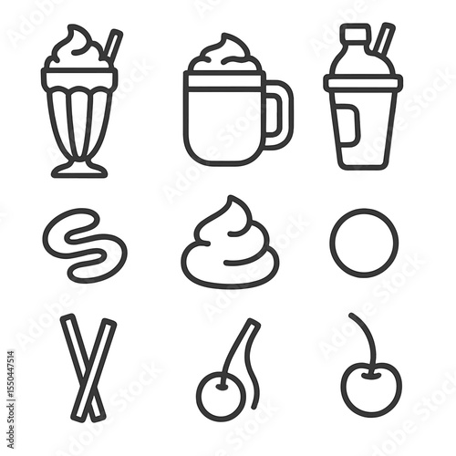 Milkshake Icon Set. Line style icons of Milkshakes & Malts: vanilla shake glass, chocolate malt mug, strawberry shake cup, banana