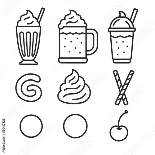 Milkshake Icon Set. Line style icons of Milkshakes & Malts: vanilla shake glass, chocolate malt mug, strawberry shake cup, banana