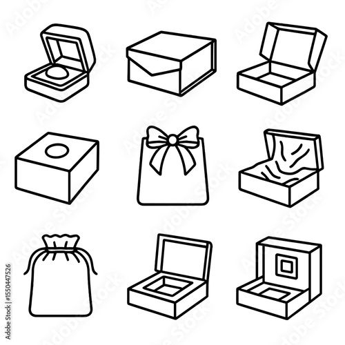 Luxury Gift Box Icons. Line style icons of Luxury Gift Boxes: velvet box, magnetic box, hinged-lid box, foil-stamped box, embossed