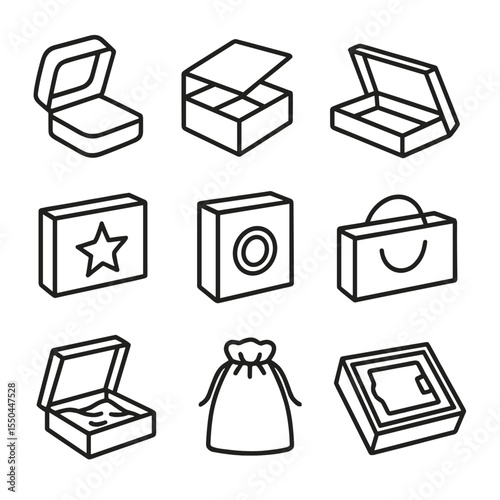 Luxury Gift Box Icons. Line style icons of Luxury Gift Boxes: velvet box, magnetic box, hinged-lid box, foil-stamped box, embossed