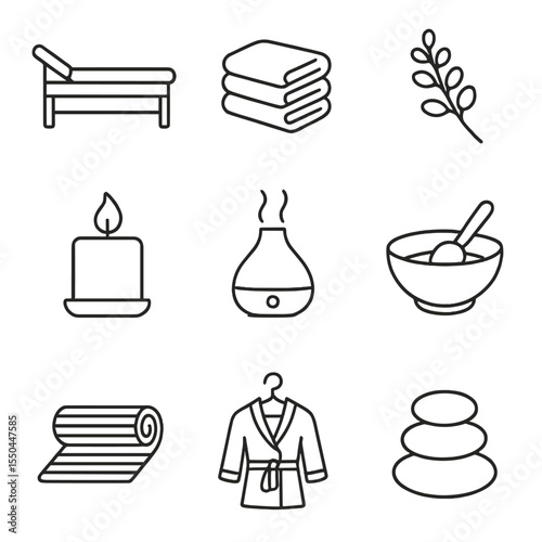 Wellness Spa Icons. Line style icons of Wellness Spa Setup: spa bed, towel stack, eucalyptus sprig, aromatic candle, diffuser