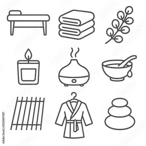 Wellness Spa Icons. Line style icons of Wellness Spa Setup: spa bed, towel stack, eucalyptus sprig, aromatic candle, diffuser