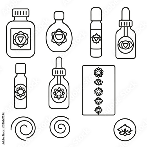 Chakra Oils Icons. Line style icons of Chakra Balancing Oils: root chakra bottle, sacral chakra oil, solar plexus roller, heart