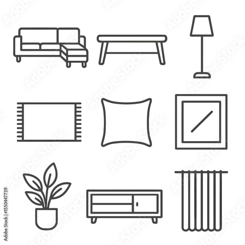 Living Room Essentials. Line style icons of Living Room Decor: sectional sofa, coffee table, floor lamp, area rug, throw pillow,