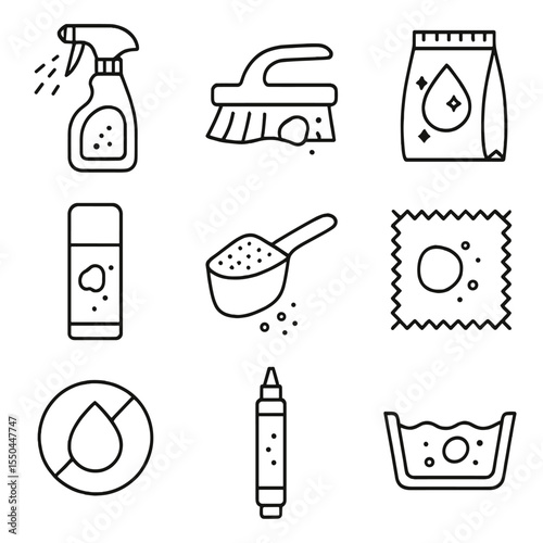 Stain Removal Icons. Line style icons of Stain Removal Products: stain remover spray, pretreatment brush, enzyme wash pack, stain