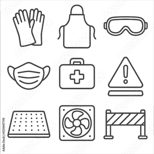 Laundry Safety Icons. Line style icons of Laundry Safety Gear: rubber gloves, protective apron, safety goggles, mask, first-aid