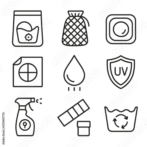 Color Care Icons. Line style icons of Color Preservation Care: color-safe wash sheet, dark-wash bag, neon wash capsule, color