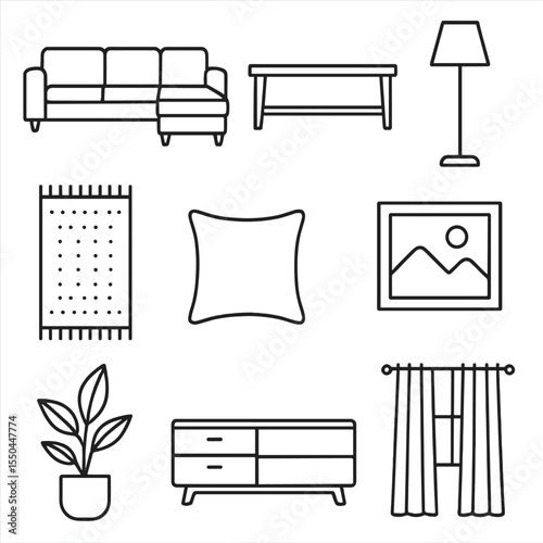 Living Room Essentials. Line style icons of Living Room Decor: sectional sofa, coffee table, floor lamp, area rug, throw pillow,