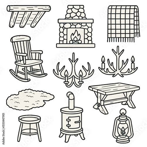 Rustic Cabin Icons. Line style icons of Rustic Cabin Interior: log beam ceiling, stone fireplace, plaid blanket, antler chandelier