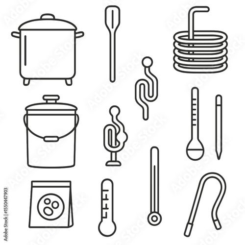 Homebrew Equipment Icons. Line style icons of Homebrew Beer Equipment: brew kettle, mash paddle, wort chiller coil, fermentation