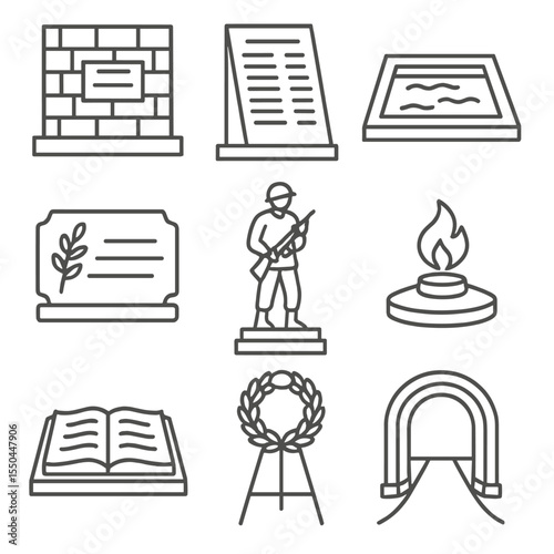 American Memorial Icons. Line style icons of American Memorials: granite wall, engraved name panel, reflecting pool, commemorative