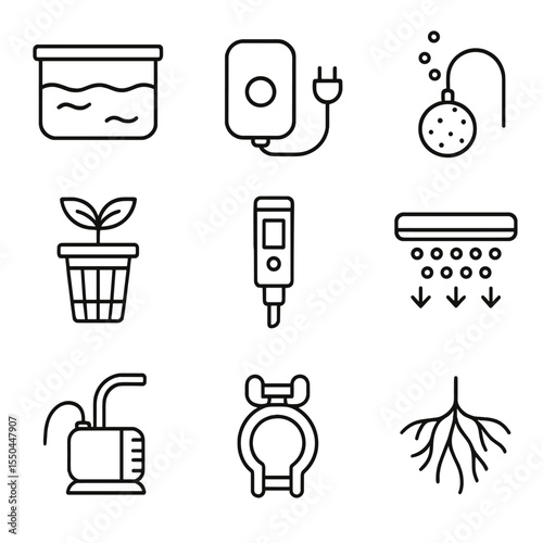 Hydroponic Icon Set. Line style icons of Hydroponic Growth: nutrient reservoir, air pump, air stone, net pot with seedling, pH