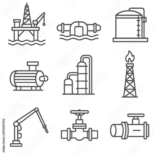 Oil & Gas Icons. Line style icons of Oil & Gas Infrastructure: offshore oil platform, subsea pipeline, storage tank, gas