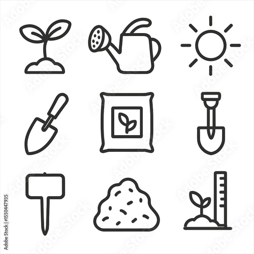 Garden Growth Icons. Line style icons of Garden Growth: seedling sprout, watering-can nozzle, sun icon, soil trowel, fertilizer