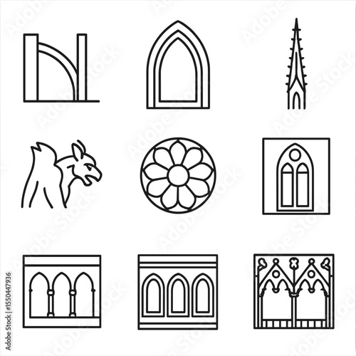 Gothic Cathedral Icons. Line style icons of Gothic Cathedrals: flying buttress, pointed arch, rose window, spire pinnacle,