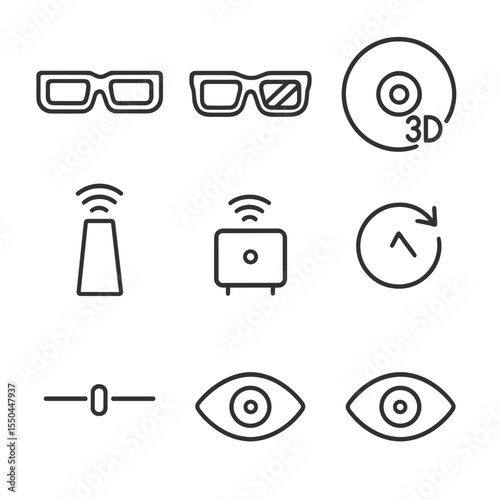 3D Viewing Gear Icons. Line style icons of 3D Viewing Gear: active shutter glasses, polarized glasses, 3D Blu-ray disc, IR emitter