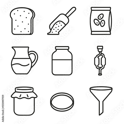 Kvass Preparation Icons. Line style icons of Kvass Preparation Set: rye bread slice, brown sugar scoop, yeast packet, water jug,