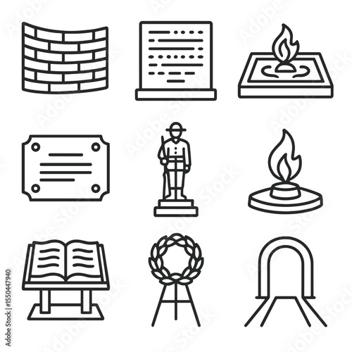 American Memorial Icons. Line style icons of American Memorials: granite wall, engraved name panel, reflecting pool, commemorative