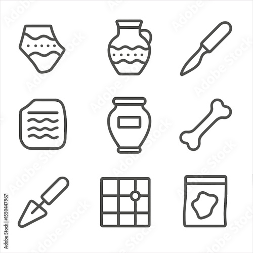 Archaeological Icon Set. Line style icons of Archaeological Finds: pottery shard, ceramic vessel, bronze tool, stone tablet,