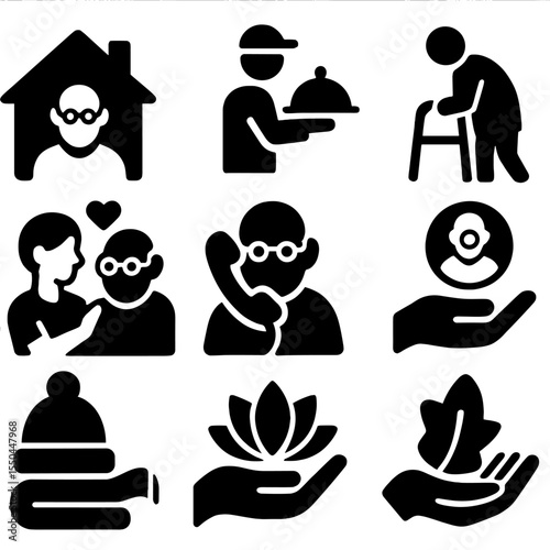Senior Care Icons. Solid style icons of senior care charity: elderly home, meal delivery, walking aid, social visit, phone buddy,