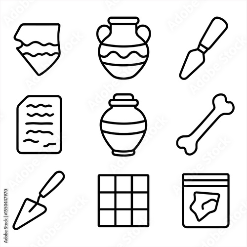 Archaeological Icon Set. Line style icons of Archaeological Finds: pottery shard, ceramic vessel, bronze tool, stone tablet,
