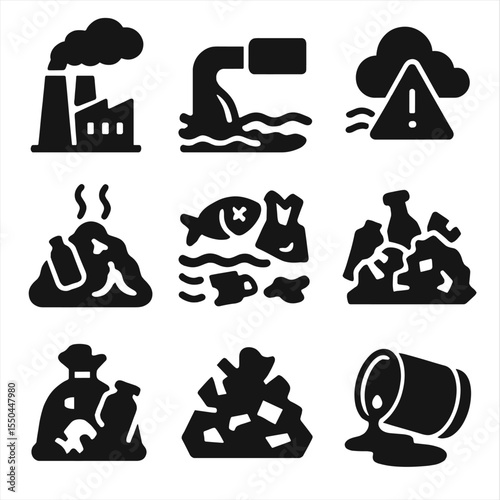 Pollution Awareness Icons. Solid style icons of pollution awareness: factory smoke, water contamination, landfill icon, ocean