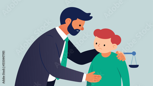 Emotional Support The lawyer offers a reassuring gesture to the client who appears emotionally distressed highlighting the supportive attorneyclient relationship.