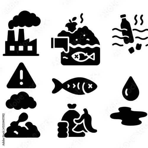Pollution Awareness Icons. Solid style icons of pollution awareness: factory smoke, water contamination, landfill icon, ocean