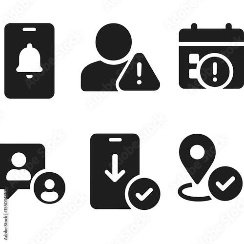Solid Alert Icons. Solid style icons of alert system: push alert icon, suspicious activity warning, blocked content alert, daily