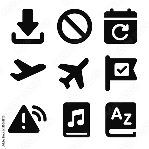 Offline Access Icons. Solid style icons of offline access: download icon, offline mode badge, cached lessons, airplane icon, saved