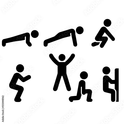 Bodyweight Exercise Icons. Solid style icons of bodyweight training: push-up icon, plank pose, mountain climber, body squat,