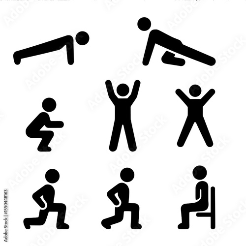 Bodyweight Exercise Icons. Solid style icons of bodyweight training: push-up icon, plank pose, mountain climber, body squat,