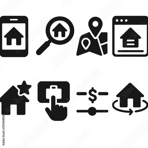 Online Housing Icons. Solid style icons of online housing platforms: housing app, property search, map pins, listing preview,