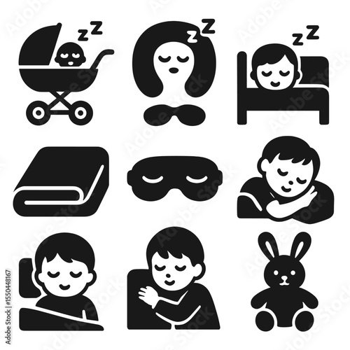 Children's Restful Icons. Solid style icons of kid rest and naps: stroller nap, travel pillow, eye mask, rest zone icon, blanket