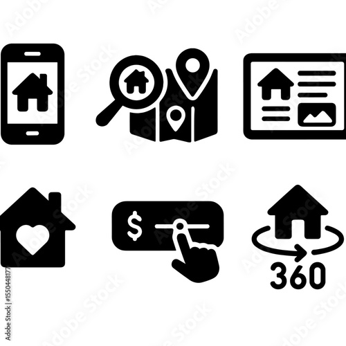 Online Housing Icons. Solid style icons of online housing platforms: housing app, property search, map pins, listing preview,