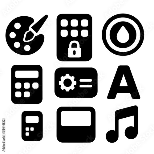 Solid Mobile Icons. Solid style icons of mobile themes: theme palette, app icon set, lock screen design, color scheme badge, home