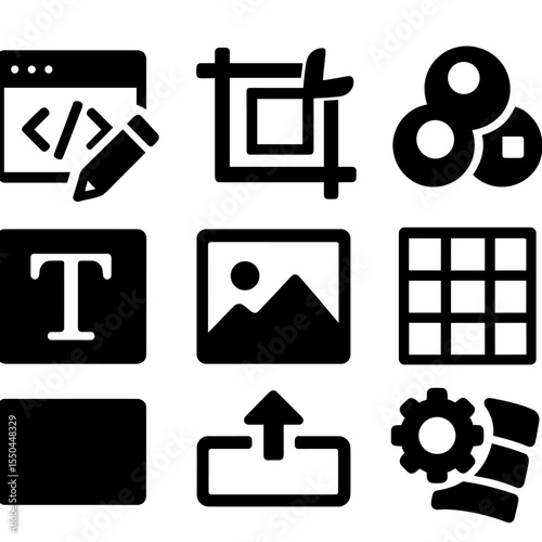 Creative Tool Icons. Solid style icons of creative tools for themes: theme editor, image crop tool, color mixer, layout grid, text
