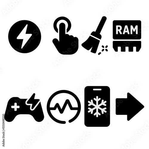 Solid System Booster Icons. Solid style icons of system boosters: speed boost button, one-tap optimize, background apps cleaner,