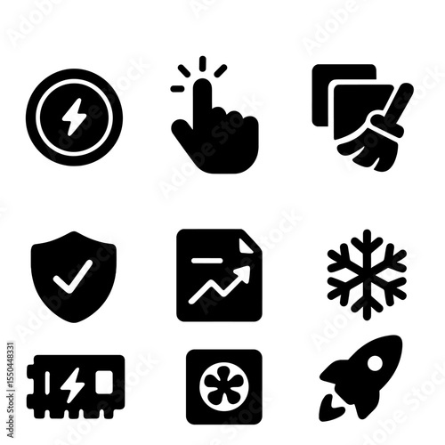 Solid System Booster Icons. Solid style icons of system boosters: speed boost button, one-tap optimize, background apps cleaner,