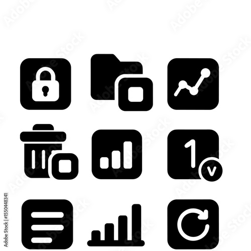 App Utility Icons. Solid style icons of app utilities: app lock, app hider, app stats, app list icon, uninstall icon, app usage