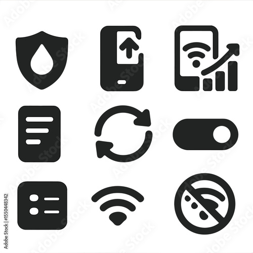 Data Utility Icons. Solid style icons of data utilities: data saver, data usage tracker, mobile data icon, usage graph, app data