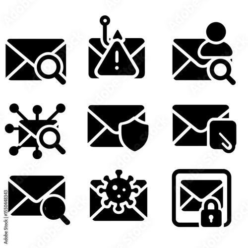 Email Security Icons. Solid style icons of antivirus for emails: email scan icon, phishing email alert, attachment scan,