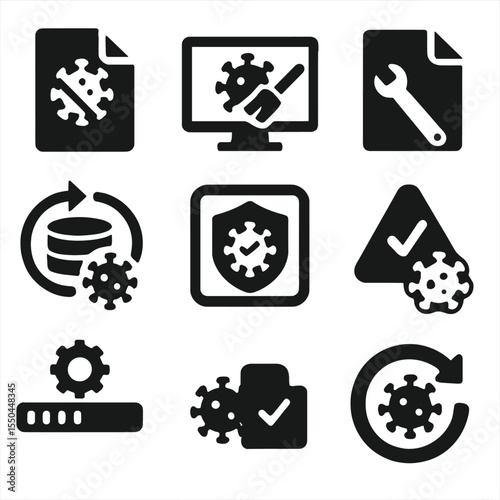 Virus Removal Icons. Solid style icons of virus removal tools: delete virus icon, clean system, file repair, restore backup,