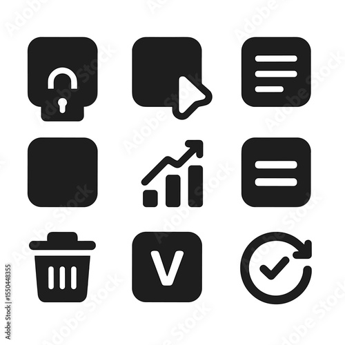 App Utility Icons. Solid style icons of app utilities: app lock, app hider, app stats, app list icon, uninstall icon, app usage