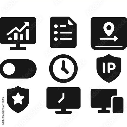 VPN Dashboard Icons. Solid style icons of VPN dashboard: data usage chart, connection log, current server info, IP status, toggle